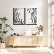 WallXpert metalni zidni ukras DCV-1097-MT, linijske poljske biljke i cvetovi u 2 rama, 2 dela, 35 x 50 cm, crni