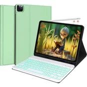 Ovitek z tipkovnico IVEOPPE AZERTY Bluetooth zaščitni za iPad Air 4/5 10.9, iPad Pro 11 (2018-2022), Zeleni, z osvetlitvijo, sledilno ploščico, režo za Apple Pencil, eko usnje/ABS, Auto-Sleep