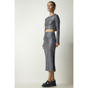 Happiness Istanbul Womens Gray Sparkly Ribbed Crop Skirt Suit