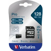 Verbatim memorijska kartica PRO Micro SDXC 128GB, U3, A2, V30, Class 10 Card + adapter