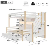 SONNENH Otroška postelja, 90 x 200 cm, borov les, bela, 253 x 116 x 165 cm, led osvetlitev, priključek usb, za spalnico