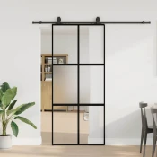 vidaXL Drsna vrata z opremo črna 90x205 cm kaljeno steklo