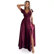 411-10 CRYSTAL satin long dress with a neckline - Burgundy color