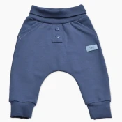 Jeans modre otroške baggy hlače z gumbi, žepi in našitkom
