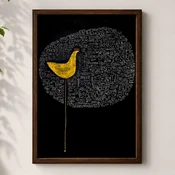 WallXpert uramljena MDF slika 3752KACT-045, žuta ptica ispred bele šare na crnoj pozadini, 37 x 52 cm