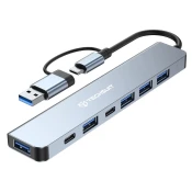 Multifunkcijski USB Hub TechSuit DataBridge H6 s 7 priključki (USB-A in USB-C) za raznoliko uporabo - siv