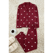 Trendyol Claret Red 100% Cotton Heart Patterned Knitted Pajama Set