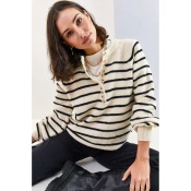 Bianco Lucci Womens Buttonhole Turtleneck Striped Knitwear Sweater