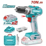 TOTAL Li-ion Akumulatorska bušilica 20v, 2x2.0ah, BL 70Nm, metalni futer 13mm