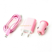 Konkis 3v1 microUSB Combo (hišni in avtopolnilec + podatkovni kabel) pink