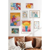 WallXpert set od 8 manjih uramljenih slika Çgs-079, šareni pop-art motivi – koktel tekila, zalazak sunca, gramofonska ploca i bazen, ram u boji prirodnog drveta