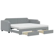 Vidaxl Izvlečna dnevna postelja s predali svetlo siva 100x200 cm blago