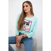 Blouse with cat graphics 3D mint
