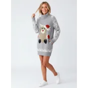Ženska pletena pulover obleka oversize siva M, dolgi rokavi, visok ovratnik in žepi, topla zimska casual obleka iz mehkega materiala za hladne dni, udoben ohlapen kroj za vsakodnevno nošenje in