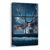 Božična slika prisrčen jelen za zasneženim oknom - 40x60