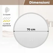 Costway Okroglo LED kopalniško ogledalo 70 cm s 3-barvnim kaljenim steklom, zatemnitveno ličilno, anti-meglitveno, pomnilna funkcija