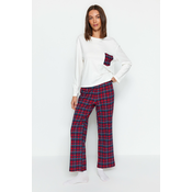 Trendyol Premium White 100% Cotton Plaid T-shirt-Pants Knitted Pajamas Set