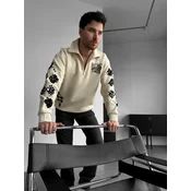 Kleidermafia Majica Oversize Half-Zip Graphic Sweatshirt - Beige bež