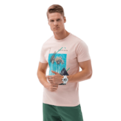 OMBRE Moška bombažna majica s potiskom V2 S1738 roza MDN122184 XL
