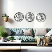 WallXpert metalni zidni ukras RT-NMD-075, linijski poljski cvetovi u 3 kruga, 3 dela, 39 x 39 cm, crni