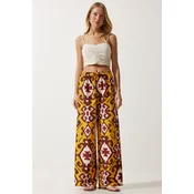 Happiness Istanbul Womens Mustard Patterned Raw Linen Palazzo Trousers
