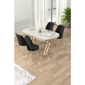 Hanah Home trpezarijski set Lai, sto i 4 stolice, ploca u dekoru belog mermera, zlatne noge, crna tkanina Babyface