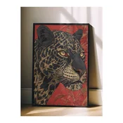WallXpert uramljena slika 115268, portret leoparda na crvenoj pozadini, 50 x 70 cm, crni ram