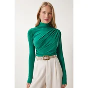 Happiness Istanbul Womens Vivid Green Gathered Detailed Stand Collar Sandy Blouse