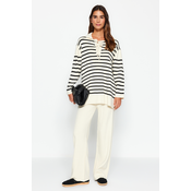 Trendyol Beige Striped Collar Tie Detail Sweater-Trousers Knitwear Two Piece Set
