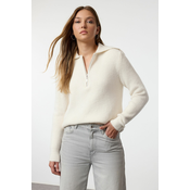 Trendyol Ecru Wool Wide Pattern Turn-down Collar Zippered Knitwear Sweater