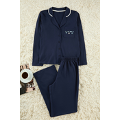 Trendyol Navy Blue Cotton Piping and Pocket Detailed Printed Knitted Pajama Set