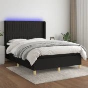 Greatstore Box spring postelja z vzmetnico LED črna 140x200 cm blago