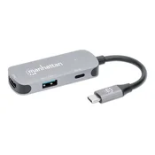 MANHATTAN Priključna postaja USB-C 3in1, 1xHDMI, 1xUSB-C, 1xUSB, siva