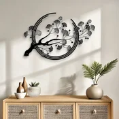 WallXpert metalni zidni ukras DCV-1068-MT, grana sa lišcem ginka u krugu, 70 x 45 cm, crni
