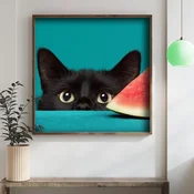 WallXpert uramljena MDF slika DOS015-33, crna macka viri pored kriške lubenice na tirkiznoj, 34 x 34 cm