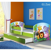 Drveni djecji krevet 160×80 s bocnom stranicom i dodatnom ladicom na izvlacenje – zeleni