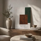 WallXpert slika na platnu Huhu3198, apstraktna kompozicija u beloj, zelenoj i boji rde, 45 x 70 cm