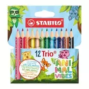 Set obojenih olovaka, trokutastih, debelih, STABILO Trio Thick Short Animal Vibes, 12 različitih boja