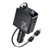 Avtopolnilec Yesido Y71 4v1 z USB-C in USB-A vhodom ter izvlečnim kablom USB-C in z Lightning adapterjem 125W in LED zaslonom - črn
