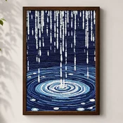 WallXpert uramljena MDF slika 3752KACT-060, kiša i krugovi na vodi u tamnoplavim tonovima, 37 x 52 cm
