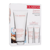 Clarins Moisture Rich set: losjon za telo Moisture-Rich Body Lotion 200 ml + piling za telo Exfoliating Body Scrub 30 ml + krema za roke Hand and Nail Treatment Cream 30 ml za ženske