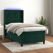 vidaXL Box spring postelja z vzmetnico LED tem. zelena 90x190 cm žamet