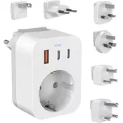 slomart **Potovalni adapter za vtičnice po vsem svetu s USB-C (PD 20W). 6 nastavkov za Južno Afriko/JAP/AUS/ZDA/EU/UK. Svetovni adapter.**