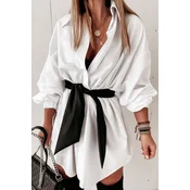 Elegantna oversize srajčna obleka z dolgimi rokavi in trakom Pandora, bela