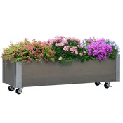 OUTSUNNY Dvignjena gredica za zunanjo uporabo s kolesi z zavoro in plastjo iz netkane tkanine, pravokotno zunanje cvetlično korito iz smreke z drenažnimi luknjami, 96x30.6x30 cm, svetlo siva