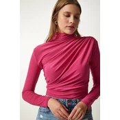 Happiness Istanbul Womens Pink Gathered Detailed High Neck Sandy Blouse