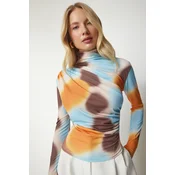 Happiness Istanbul Womens Orange Blue Draped Stand Up Sandy Blouse