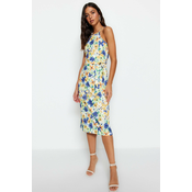 Trendyol Green Floral Print Halter Neck Belted Crepe Midi Knitted Dress
