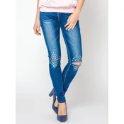Jeans decorated with cuts and rhinestones on the knees navy blue