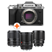 Fotoaparat Fujifilm X-T5, Silver + Objektiv Viltrox - AF, 13mm, f/1.4, za Fuji X-mount + Objektiv Viltrox - 56mm, f/1.4 XF za Fujifilm X, crni + Objektiv Viltrox - AF 85mm, F1.8, II XF, FUJIFILM X